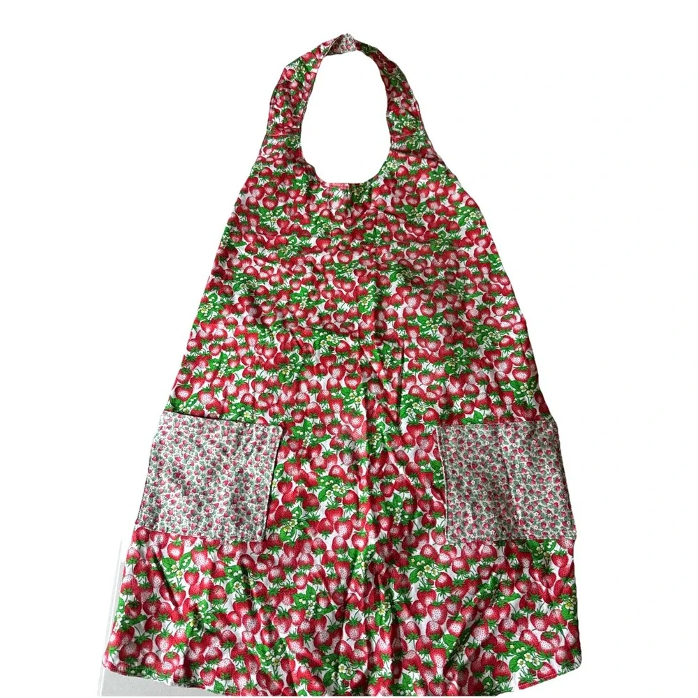 VTG Handmade Strawberry Print‎ Apron Set Halter Neck Reversible Pockets